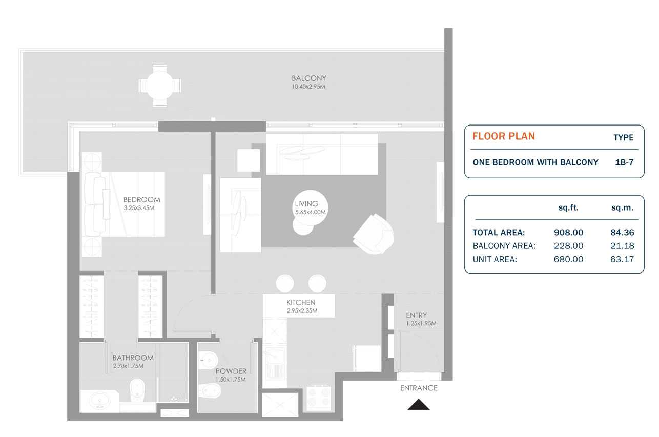 1 Bedroom, Size 908.00 Sq.ft
